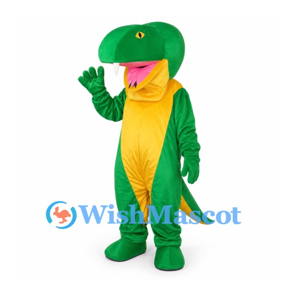 Snake Mascot Costume in Green with Yellow Belly and Large Fangs