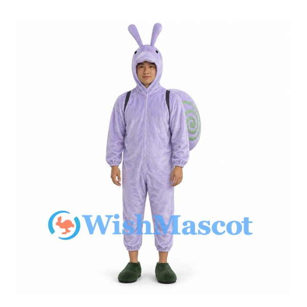 Snail Mascot Costume in Lavender with Open Face Hood and Shell