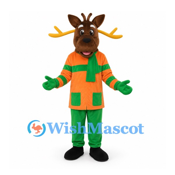Moose Mascot Costume with Orange and Green Jacket
