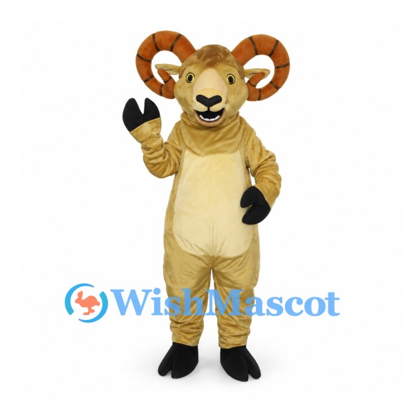 Ram Mascot Costume in Tan with Large Curled Horns