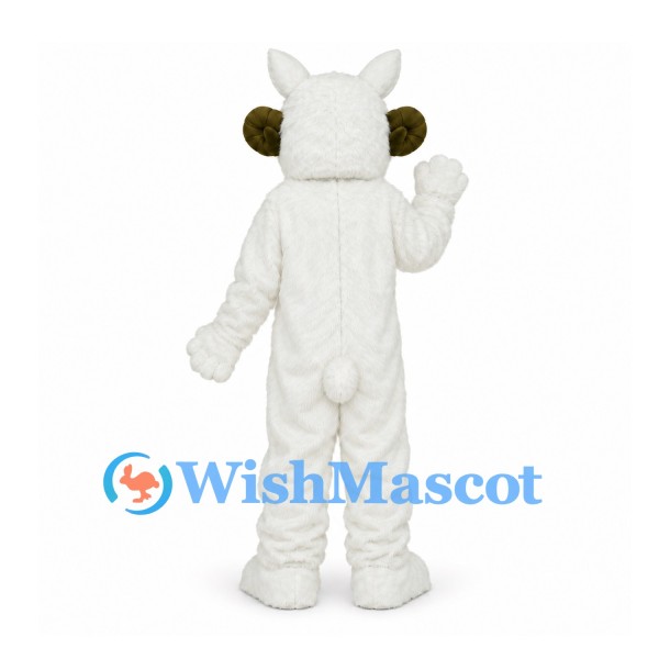 Sheep Mascot Costume in White with Brown Chest and Curled Horns
