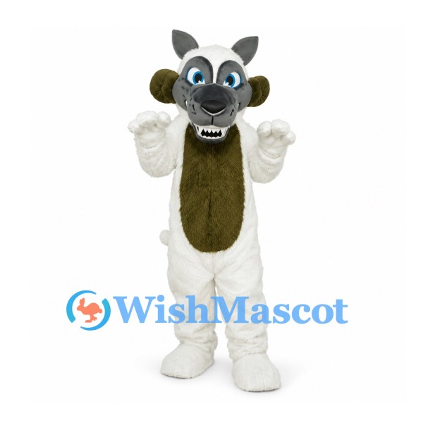 Sheep Mascot Costume in White with Brown Chest and Curled Horns