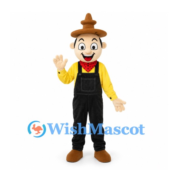 Man Mascot Costume with Brown Hat and Black Overalls