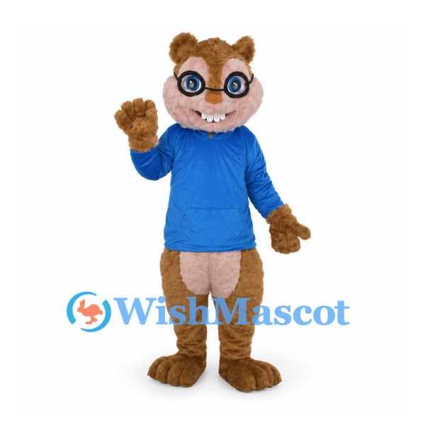 Chipmunk Mascot Costume with Blue Shirt and Round Glasses