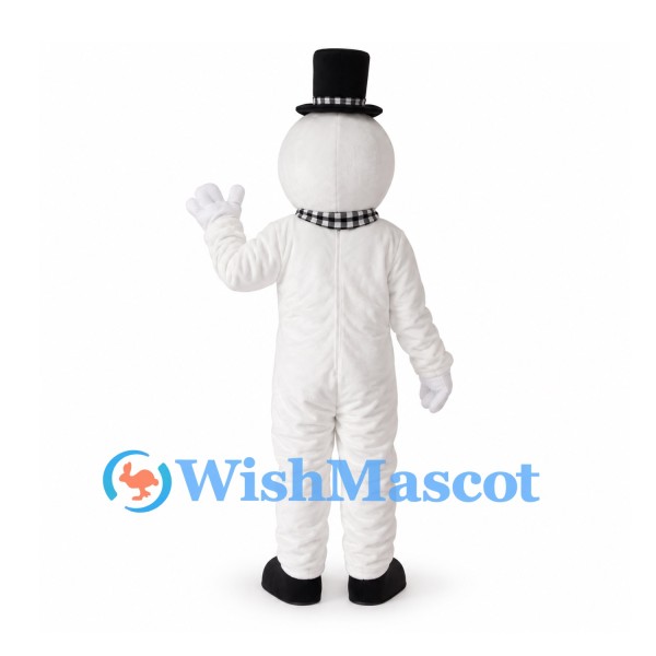 Snowman Mascot Costume with Black Top Hat and Checkered Scarf