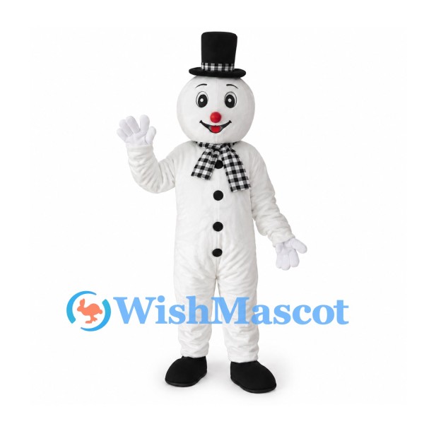 Snowman Mascot Costume with Black Top Hat and Checkered Scarf
