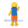 Smiley Face Mascot Costume with Blue Vest and Orange Pants