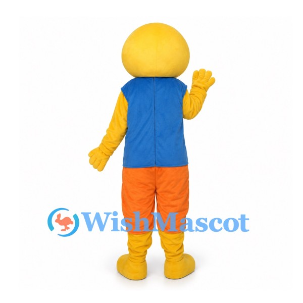 Smiley Face Mascot Costume with Blue Vest and Orange Pants