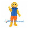 Smiley Face Mascot Costume with Blue Vest and Orange Pants
