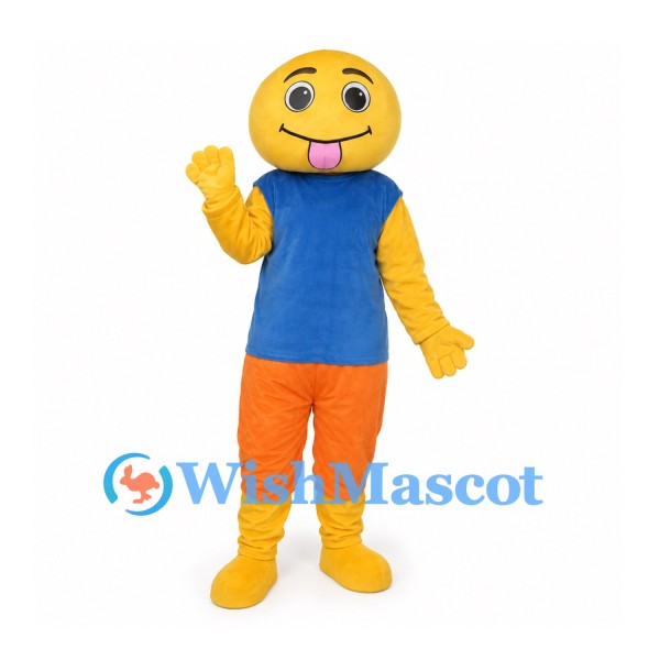 Smiley Face Mascot Costume with Blue Vest and Orange Pants