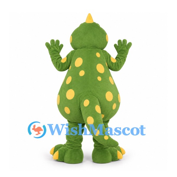 Dinosaur Mascot Costume in Green with Yellow Spots and White Fangs