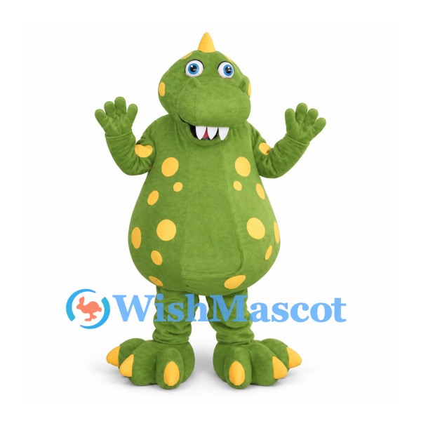 Dinosaur Mascot Costume in Green with Yellow Spots and White Fangs
