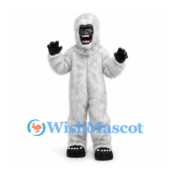 Gorilla Mascot Costume in White with Shaggy Fur and Black Face