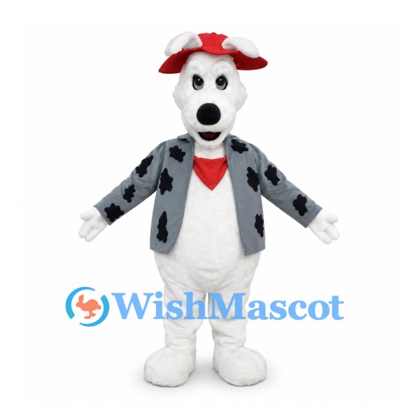 Dalmatian Dog Mascot Costume with Spotted Jacket and Red Hat