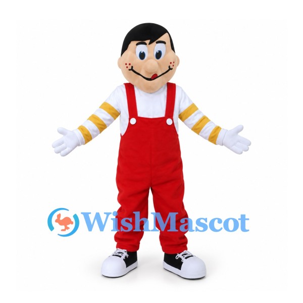 Boy Mascot Costume with Red Overalls and Yellow Striped Shirt