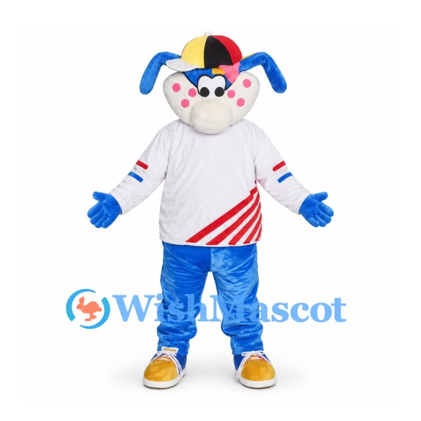 Rabbit Mascot Costume in Blue and White with Colorful Cap