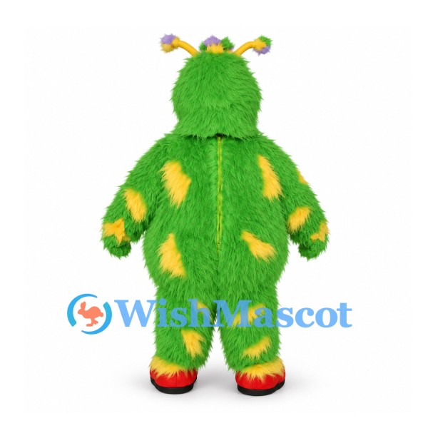 Monster Mascot Costume in Green with Yellow Stars and Shaggy Fur