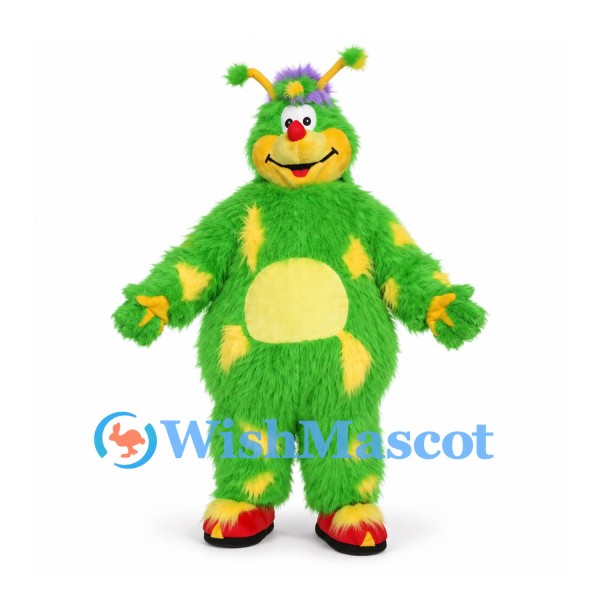Monster Mascot Costume in Green with Yellow Stars and Shaggy Fur
