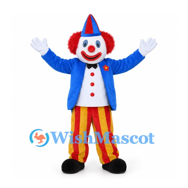 Clown Mascot Costume with Blue Jacket and Red and Yellow Pants