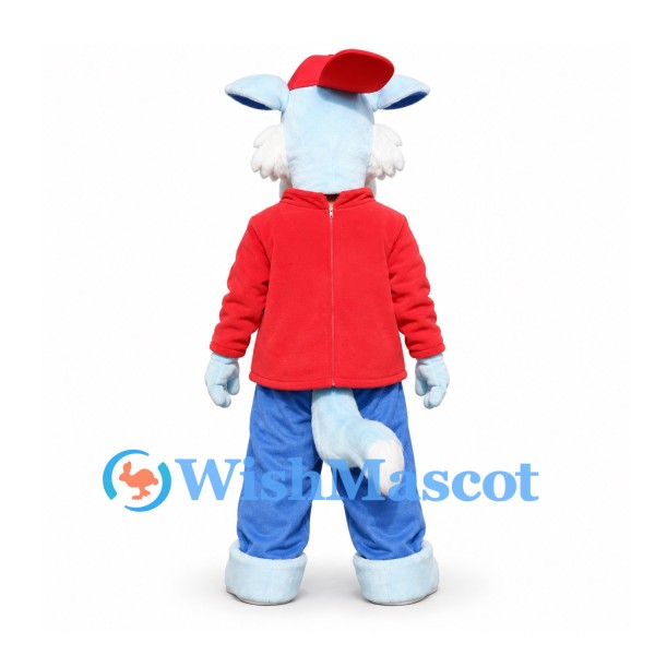 Wolf Mascot Costume with Red Shirt and Light Blue Pants