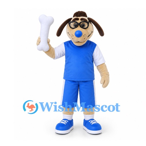 Dog Mascot Costume with Round Glasses and Blue Sports Outfit