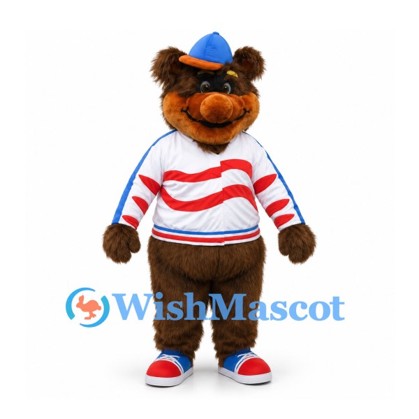 Bear Mascot Costume with Black Sunglasses and Red Striped Shirt