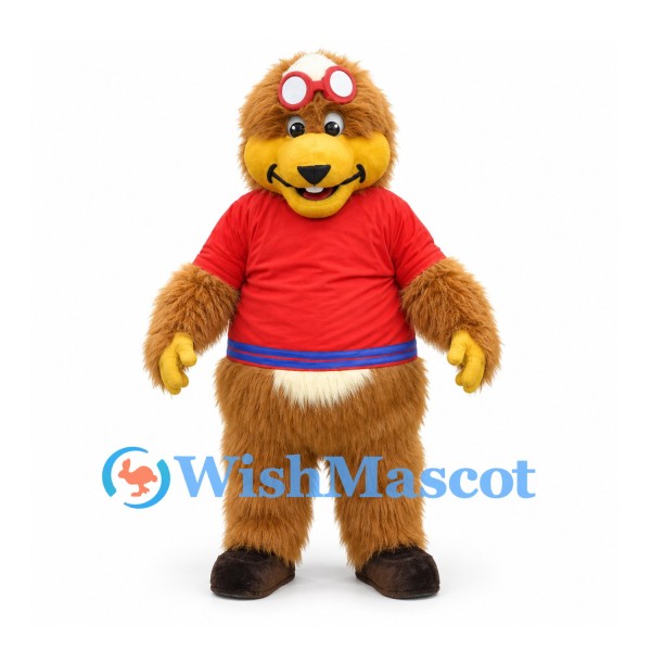 Lion Mascot Costume with Red Shirt and Shaggy Brown Body