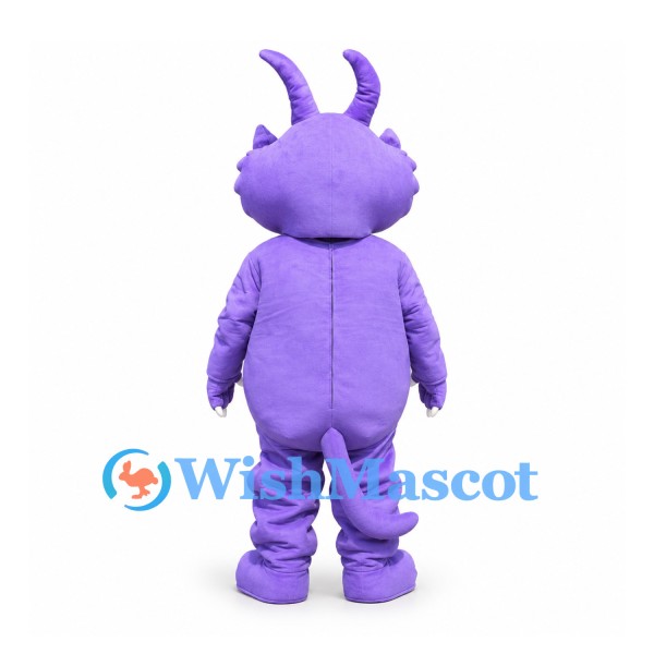 Dragon Mascot Costume in Purple with Curved Horns and White Fangs