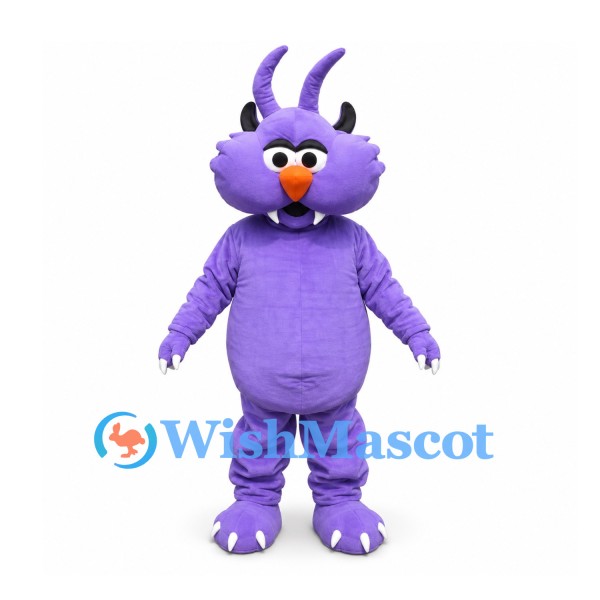 Dragon Mascot Costume in Purple with Curved Horns and White Fangs