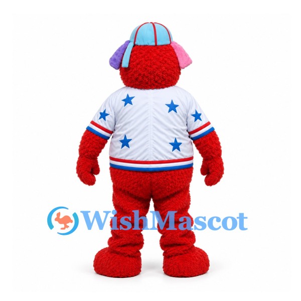 Monster Mascot Costume in Red with Blue Headphones and Star Shirt