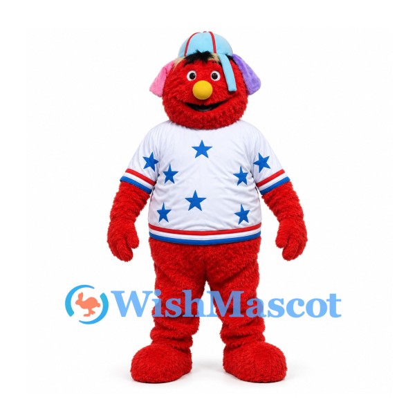 Monster Mascot Costume in Red with Blue Headphones and Star Shirt
