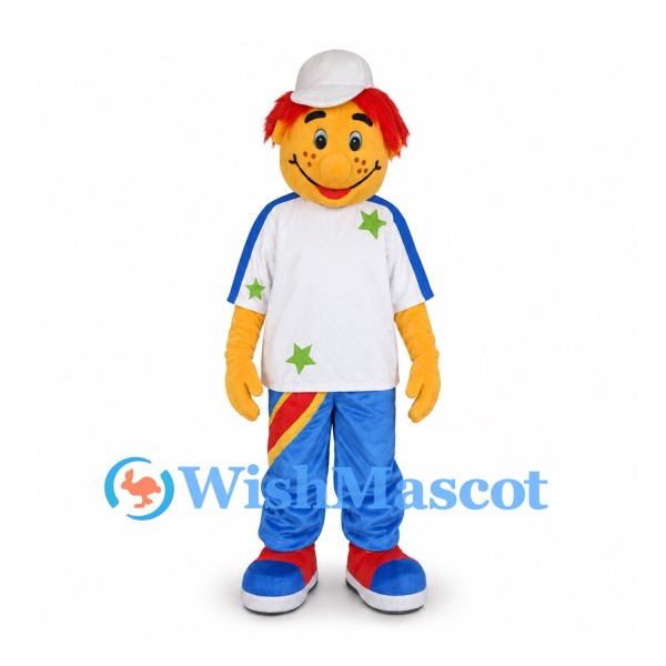 Boy Mascot Costume with White Shirt and Blue Rainbow Pants