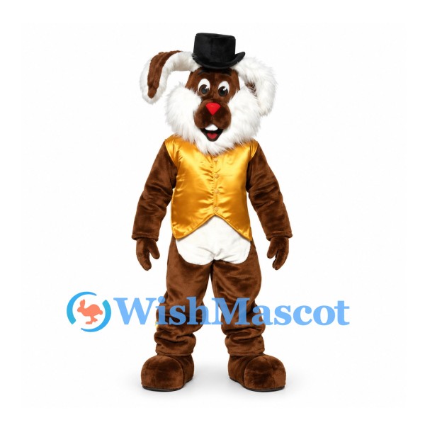 Rabbit Mascot Costume in Brown with Gold Vest and Black Top Hat