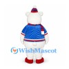 Bear Mascot Costume in White with Blue Jacket and Striped Scarf
