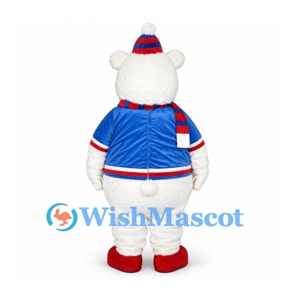 Bear Mascot Costume in White with Blue Jacket and Striped Scarf
