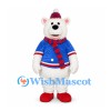 Bear Mascot Costume in White with Blue Jacket and Striped Scarf