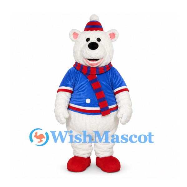 Bear Mascot Costume in White with Blue Jacket and Striped Scarf