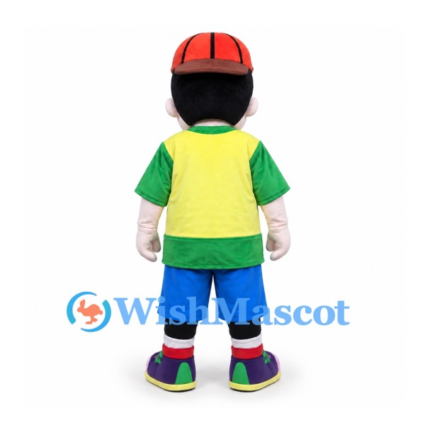 Boy Mascot Costume with Red Cap and Yellow and Green Shirt