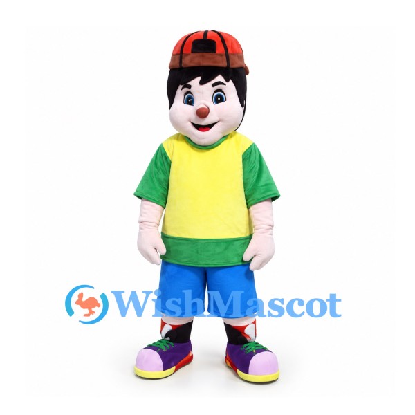 Boy Mascot Costume with Red Cap and Yellow and Green Shirt