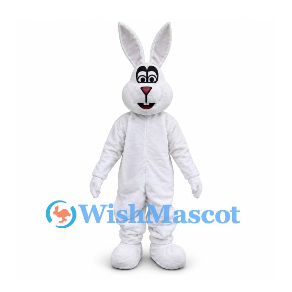 Rabbit Mascot Costume in White with Tall Ears and Pink Nose