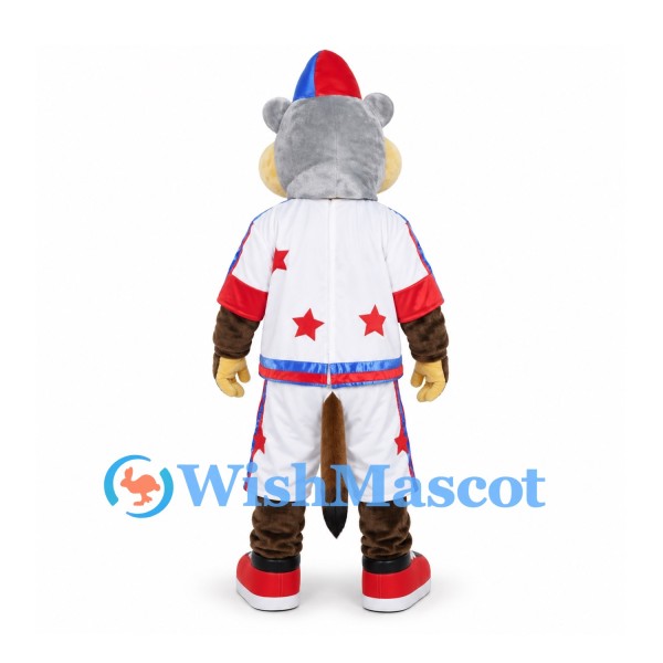 Wolf Mascot Costume with White and Red Star Sports Uniform