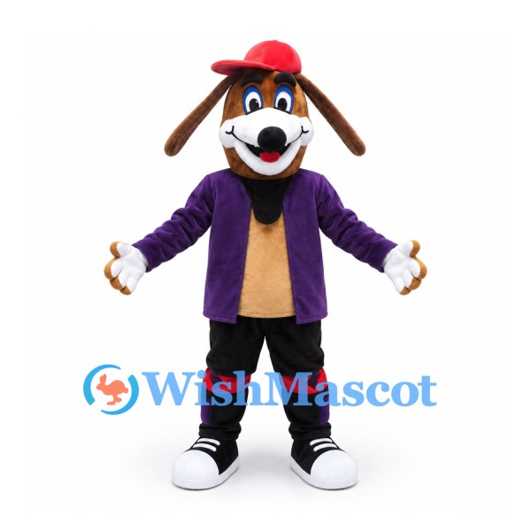 Dog Mascot Costume with Purple Jacket and Red Cap
