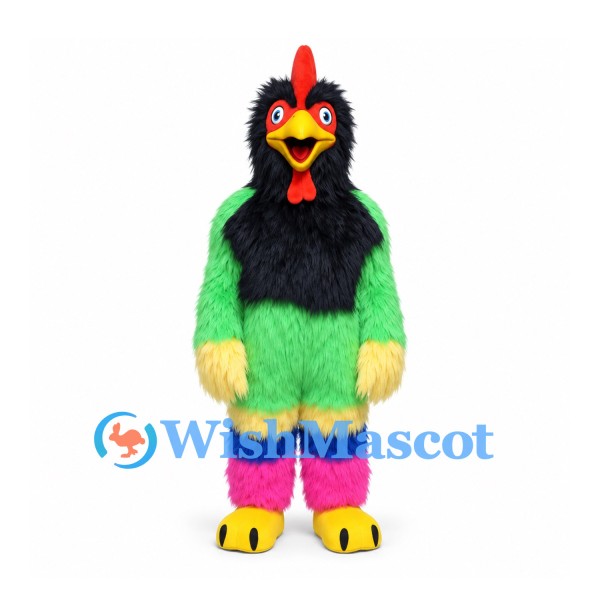 Rooster Mascot Costume with Green Body and Multicolored Legs