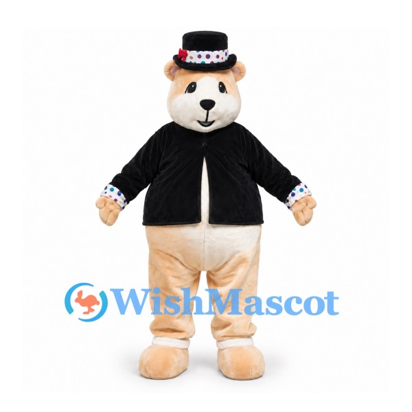 Bear Mascot Costume with Black Tuxedo Jacket and Top Hat