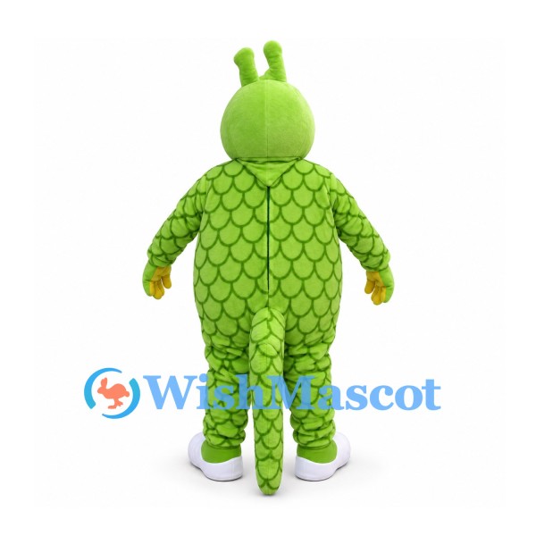 Dragon Mascot Costume in Green with Scale Pattern and Orange Belly