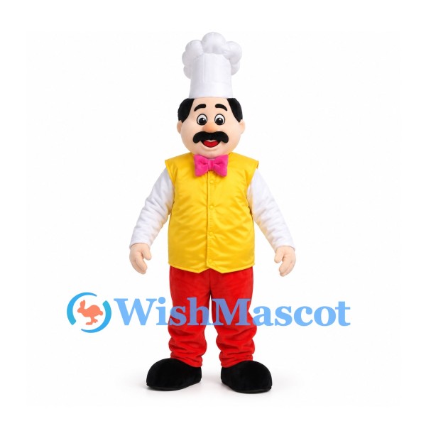 Chef Mascot Costume with Yellow Vest and Tall White Hat