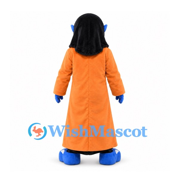 Alien Mascot Costume with Blue Face and Long Orange Coat
