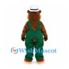 Bear Mascot Costume with White Hat and Green Overalls