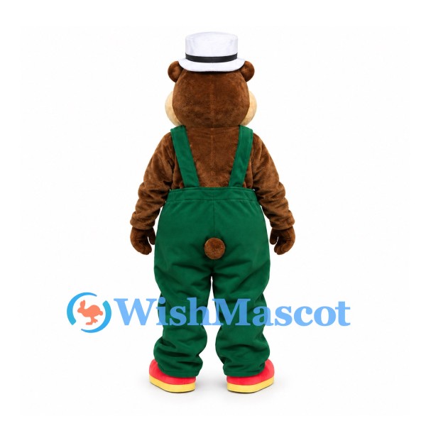 Bear Mascot Costume with White Hat and Green Overalls