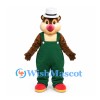 Bear Mascot Costume with White Hat and Green Overalls
